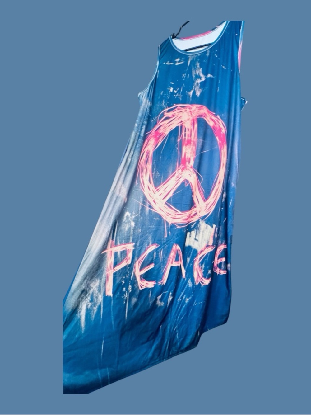 Boho Peace Sign Maxi Dress Blue Pink Sleeveless Lagenlook Size L NWOT